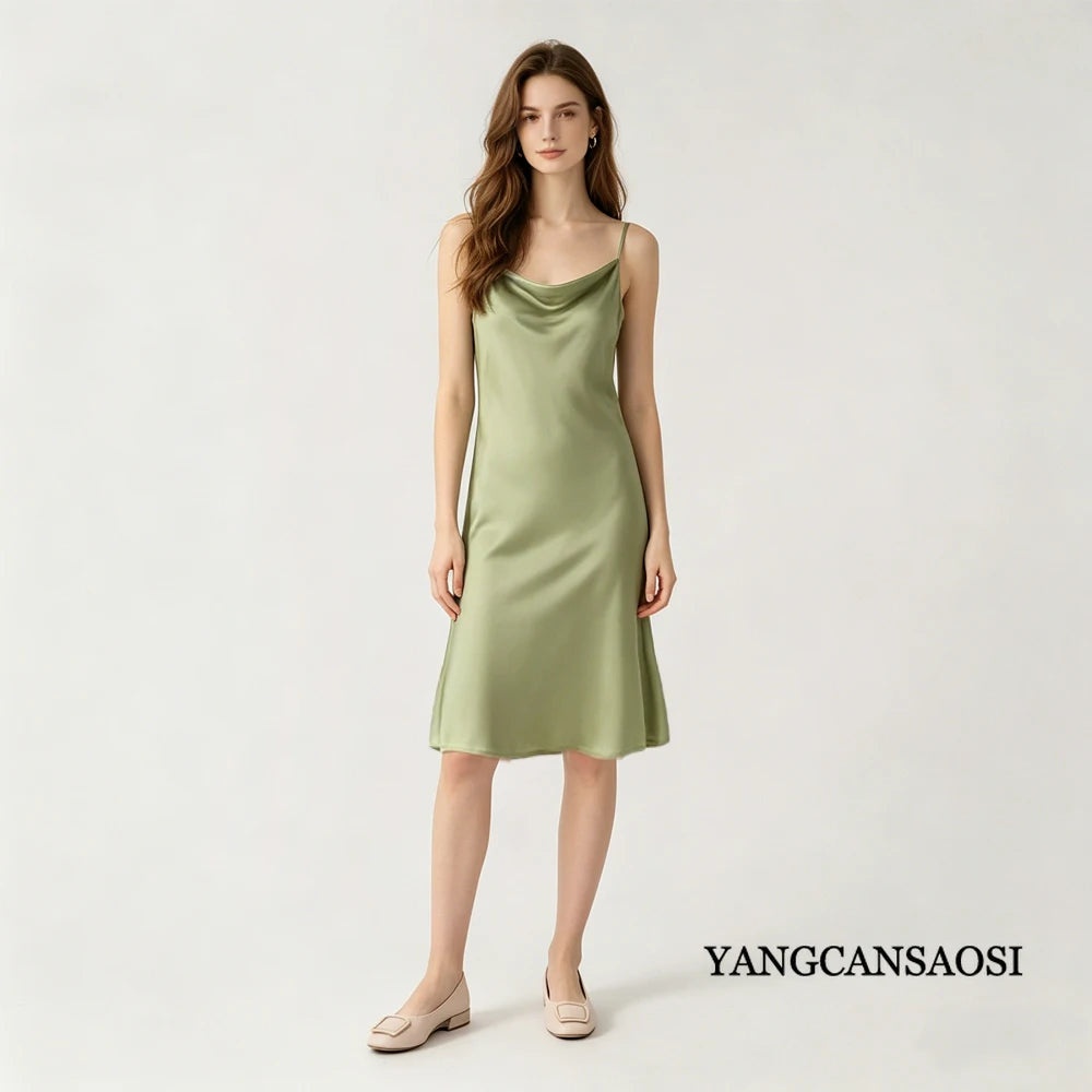 Women's Summer New Style French 100% Natural Mulberry Silk Plain Satin Swing Collar Temperament Camisole Slim Fit Party Dress