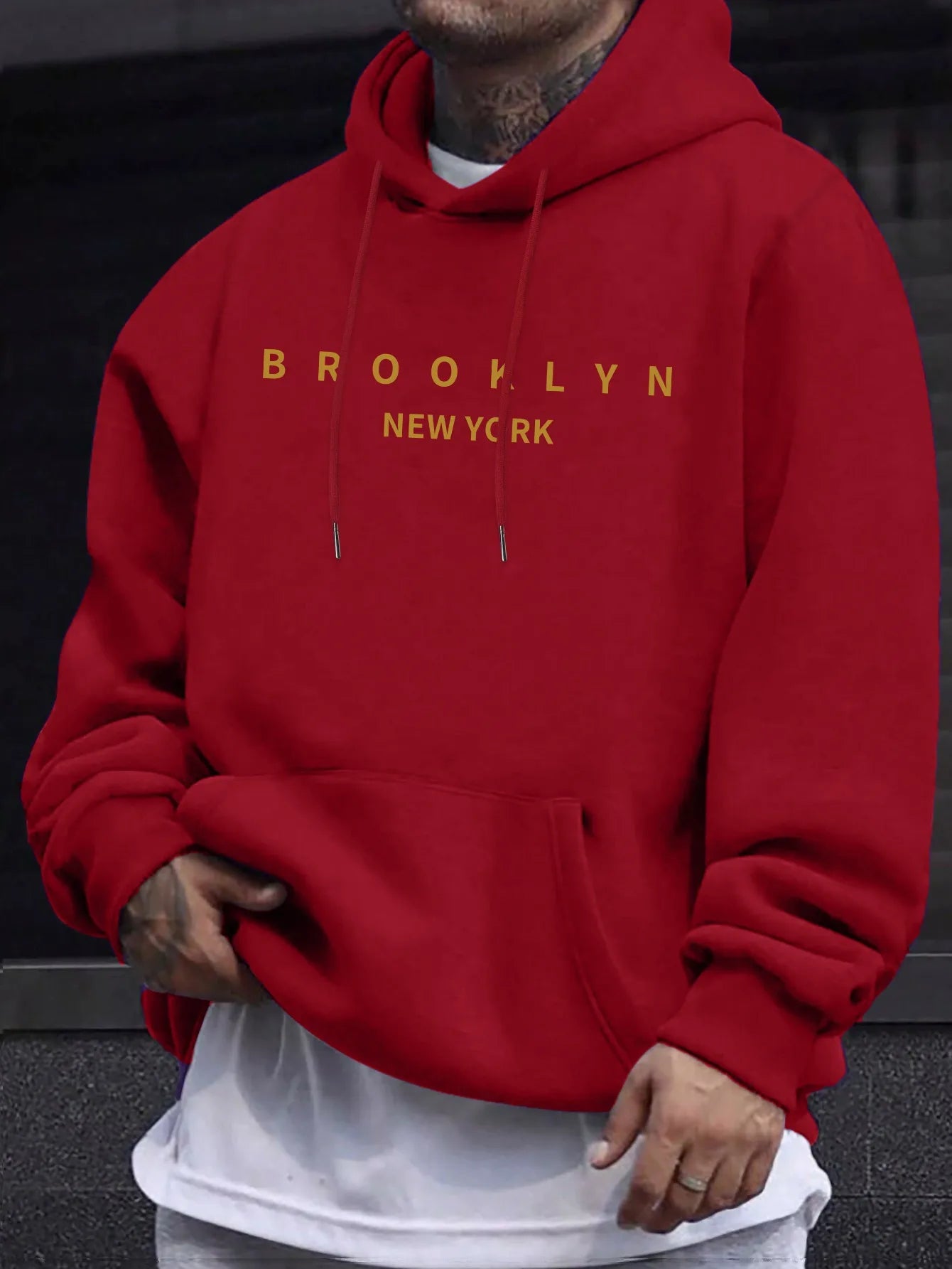 Men's autumn and winter casual fashionable loose brooklyn letter print long sleeved hooded warm sports pullover