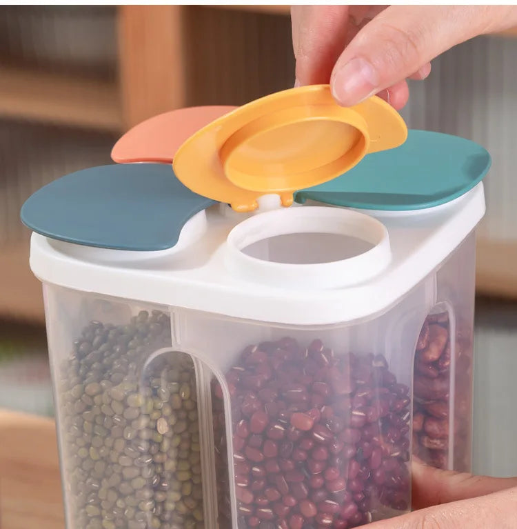 Caja de almacenamiento de cereales para cocina, de plástico, con 4 compartimentos, tarro sellado para cereales, recipiente para alimentos, tanque de grano a prueba de humedad, caja para mantener frescos los espaguetis