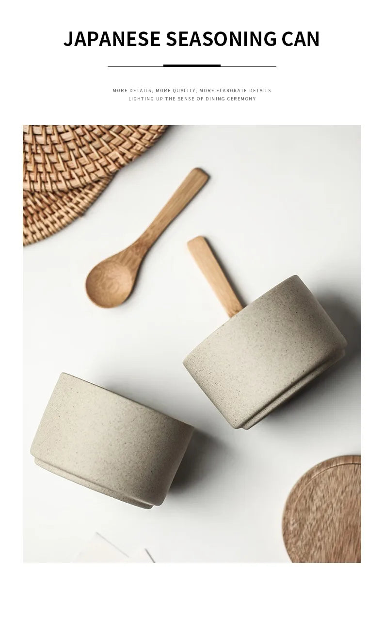 Retro Ceramic Seasoning Jar Pepper Storage Bottle Round Ceramic Seasoning Jar with Wooden Lid Salt Pepper Kitchen Tool