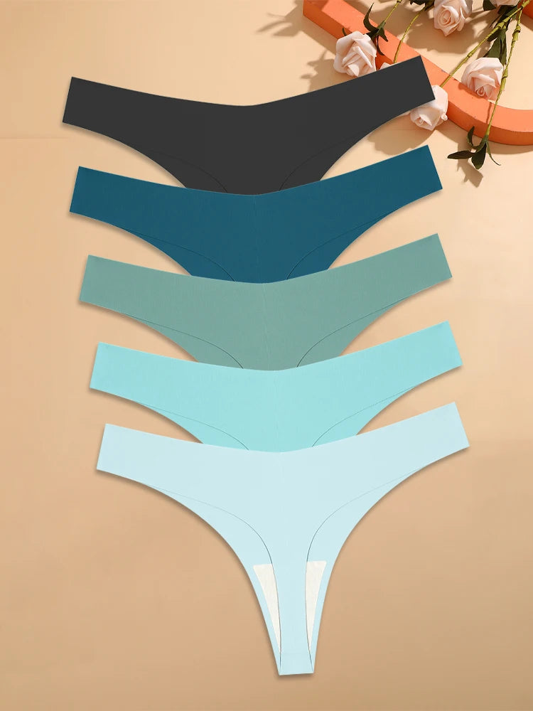 Ice Silk Seamless Thongs For Women Low Rise Breathable Invisible Comfort Panties 5 Pack
