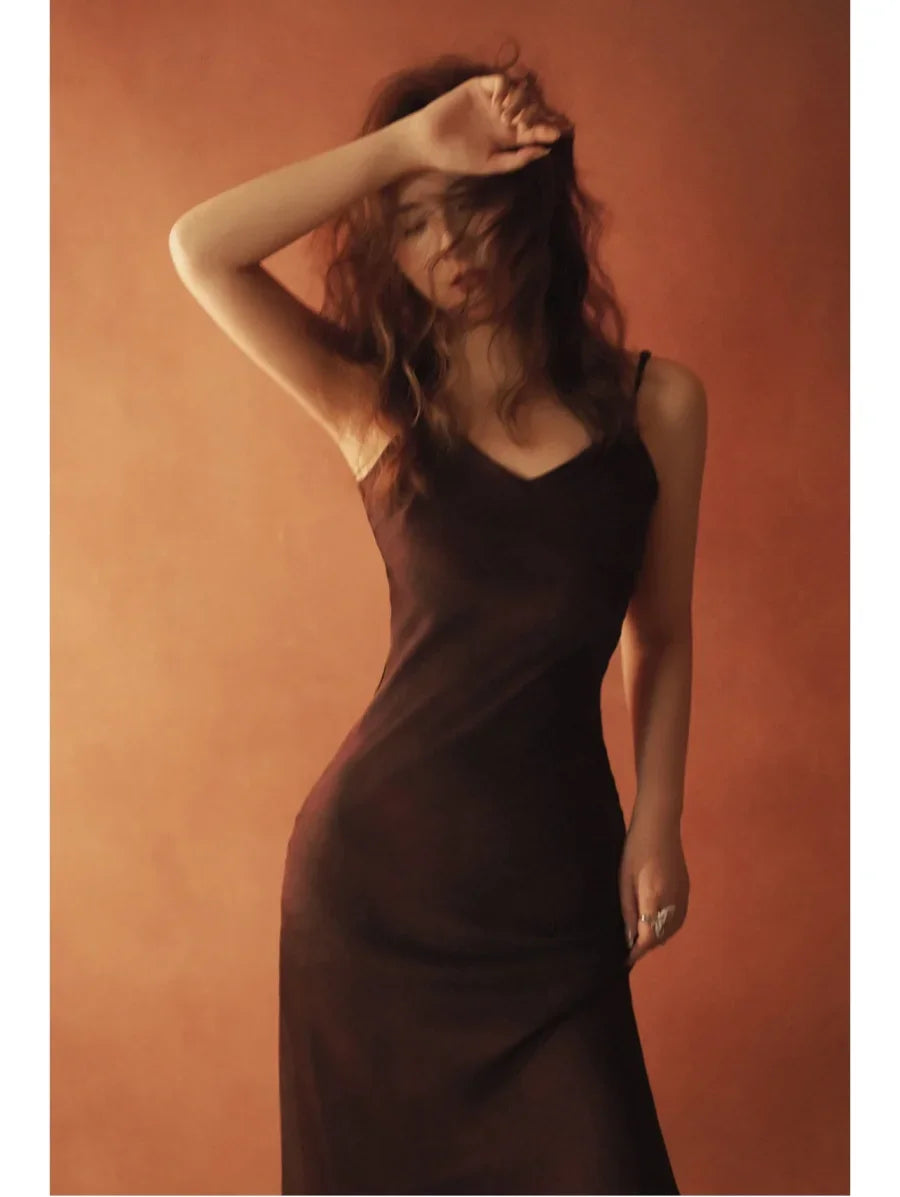 New Elegant women's fashion silk satin texture MIDI dress sexy backless party slip dress