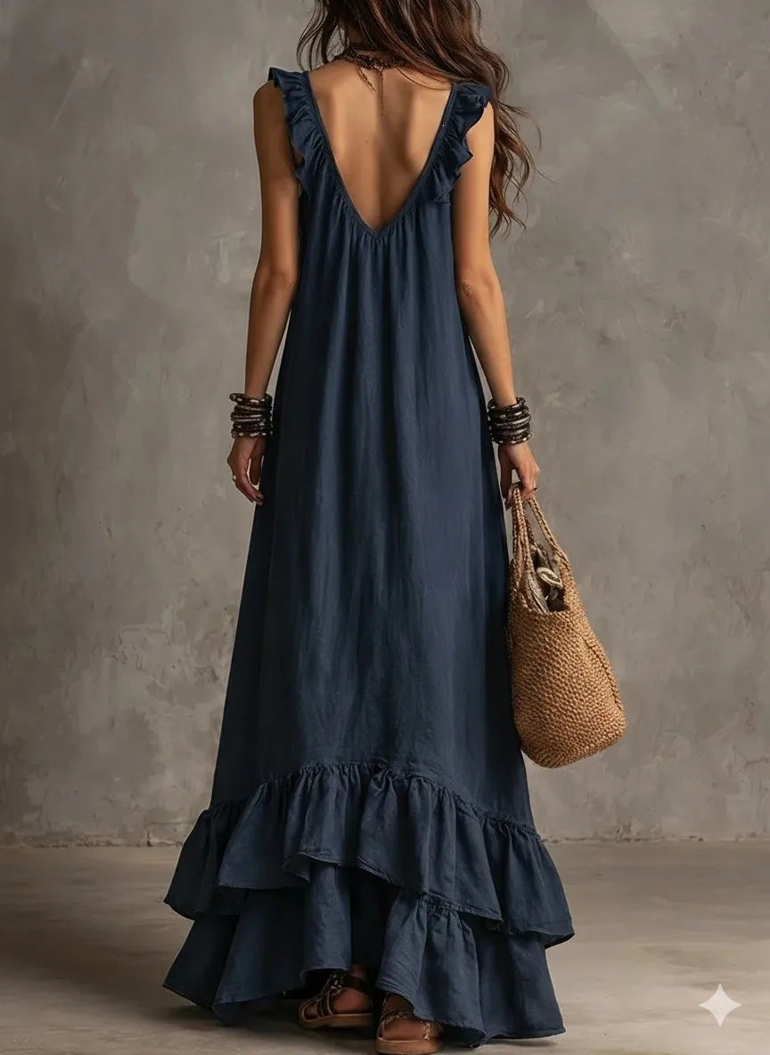Summer Woman Dress Sleeveless Ruffle Neck Dresses Women's Pleated Maxi Dress V Neck Asymmetrical Hem Boho Dress Layered Ruffles