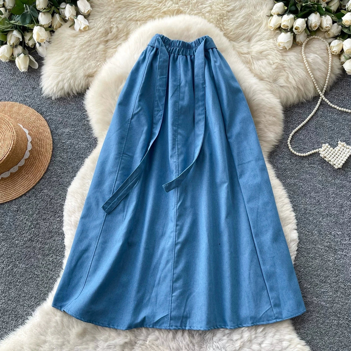 KAROFI Women Bow Tie Elastic Waist Denim Long Skirt Korean A Line Flowy Midi Jeans Skirt Casual Loose Vintage Blue Maxi Skirts