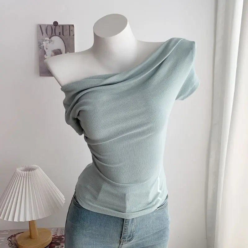 Summer Short Sleeve T-Shirt Shoulder Bared Open Neck Irregular Pleated Korean Style Slim Fit Pure Color Modal Fabric Ladies Top