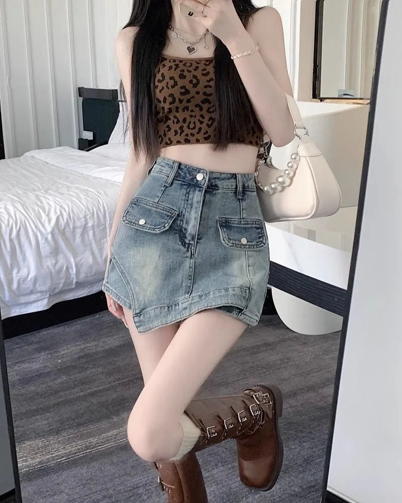Retro Spicy Girl Uneven Denim Mini Skirt High Waist Slim Fit Women's Summer New Style Short Skirt Bodycon Skirt New Style