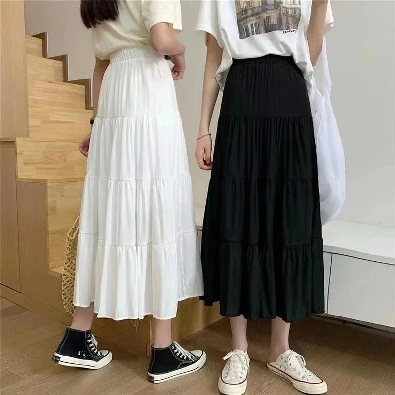 Summer New Casual Vintage Women Skirt Matching Chic Sweet Girl's Cake Skirt Elastic Waist A-Line Mid Length Flare Skirts