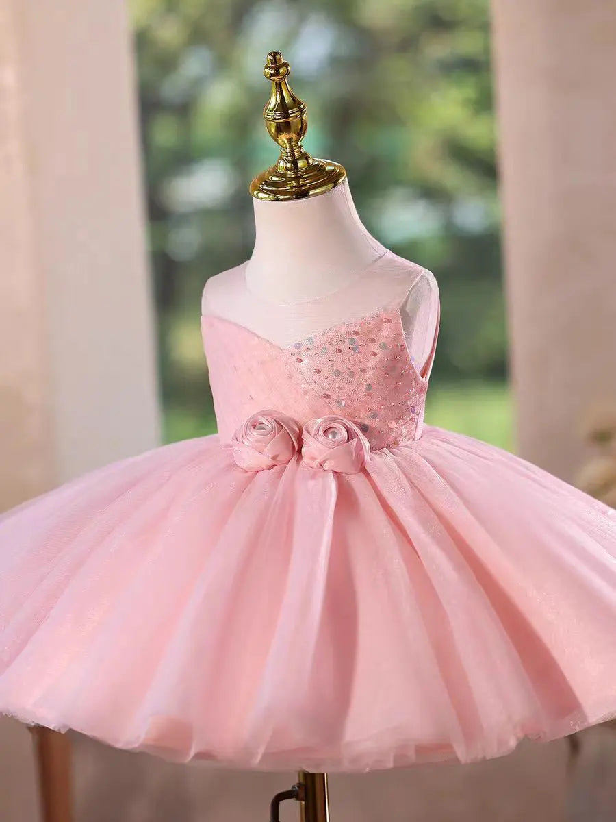 Dreamy Vow D153 Pink Flower Girl Dress Handmade Flowers with Headwear Kids Wedding Birthday Holiday Party Pageant Festival Gown