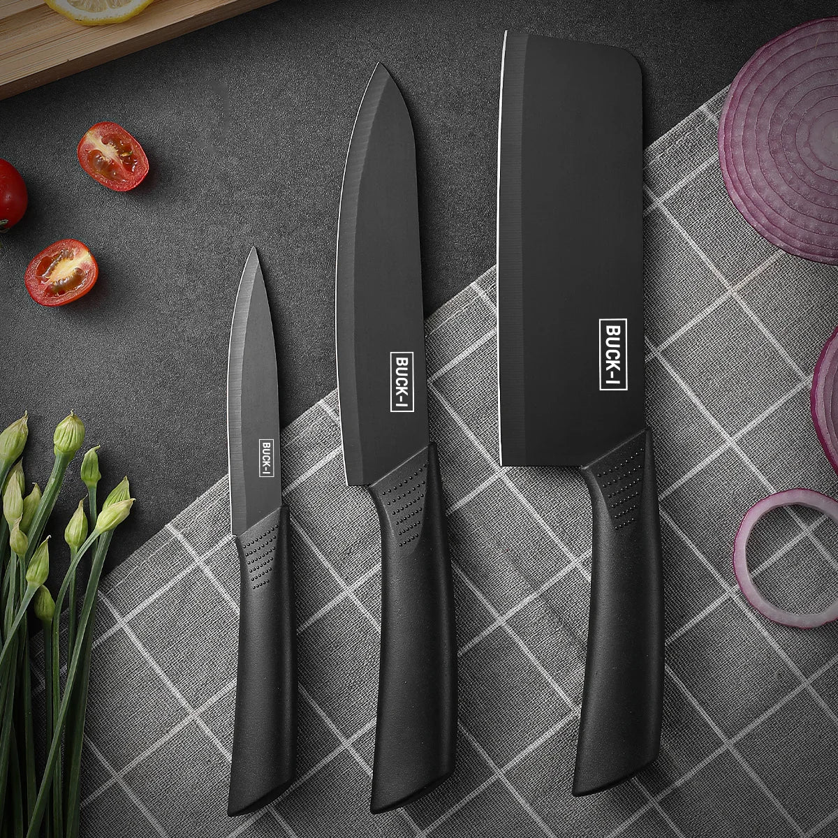 Kitchen knife set, including cleaver, chef's knife, and fruit knife, with knife block, suitable for peeling meat and vegetables
