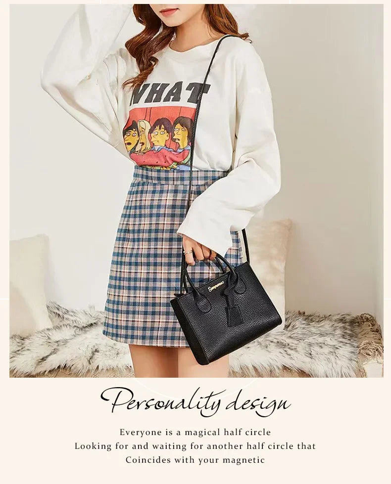 Single-shoulder Crossbody Handheld Triple-use Satchel Portable Leisure Bag Solid Color Lychee Grain Ladies Handbags ﻿