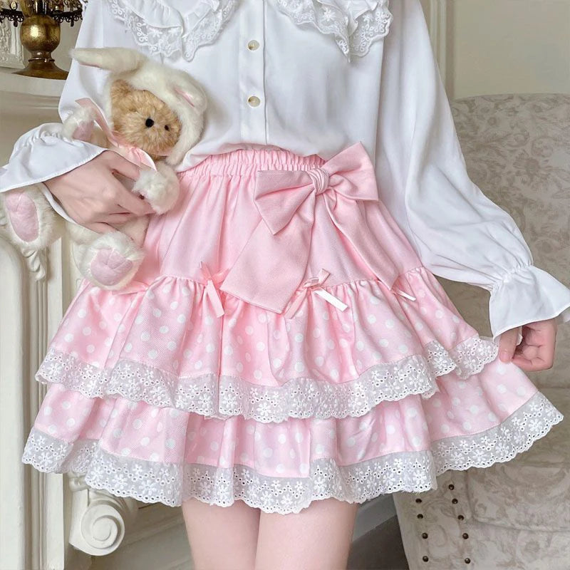 Zoki Kawaii Bow Cake Skirt Women High Waist Cute Dot Sweet Mini Skirts Fashion Casual Japan Female Solid Summer A Line Skirt New
