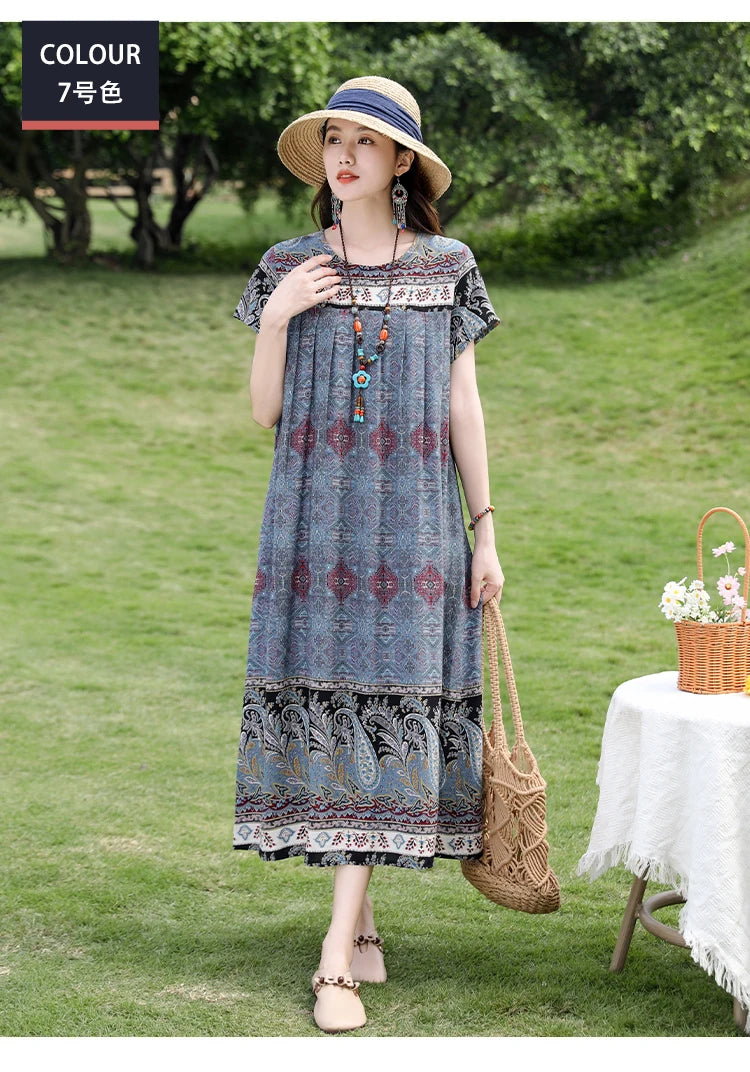 New Fashion Casual 2025 Summer Elegant Dresses For Women O-Neck Print Vintage Short Sleeve Dress Loose Women Clothing