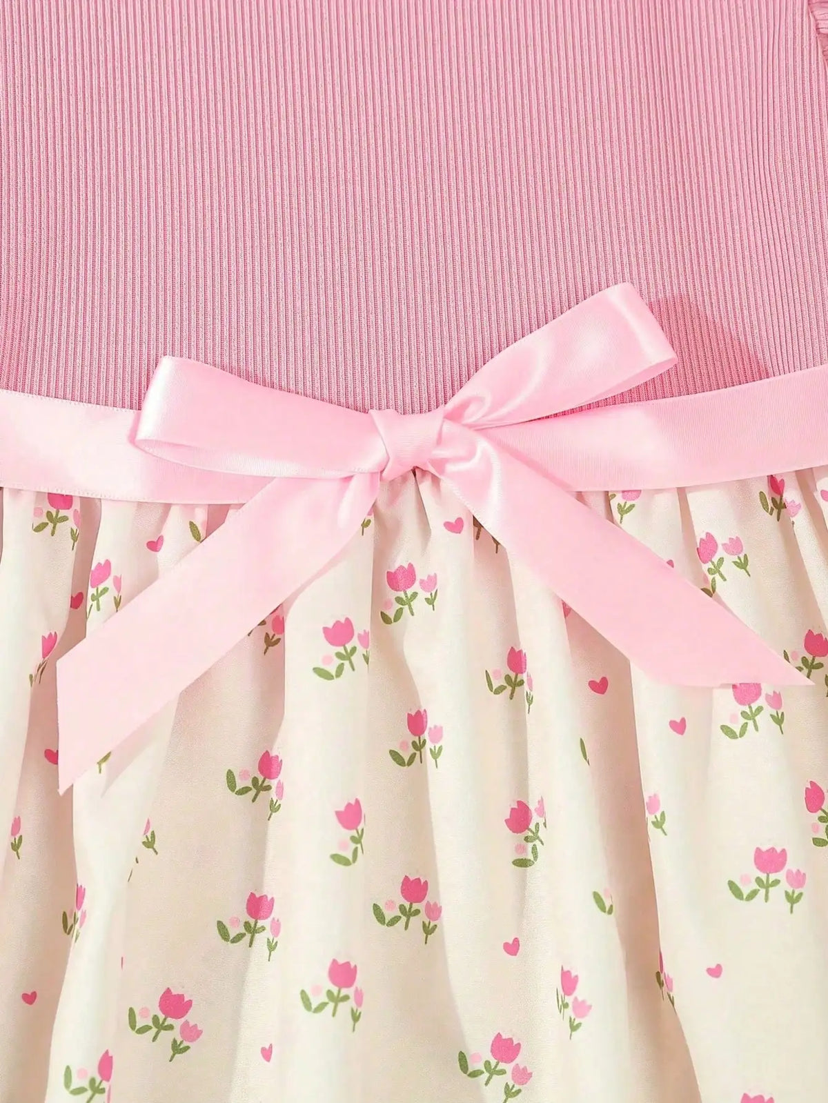 Summer Style Girls' Sleeveless Round Neck Flying Sleeve Pink Printed Dress, Cute Outfit, With Belt