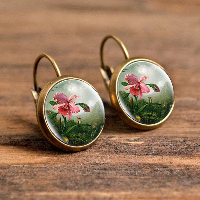 Hot Selling Pop Jewelry Dome Glass Alloy Earrings Flower Painting Noble Fashion