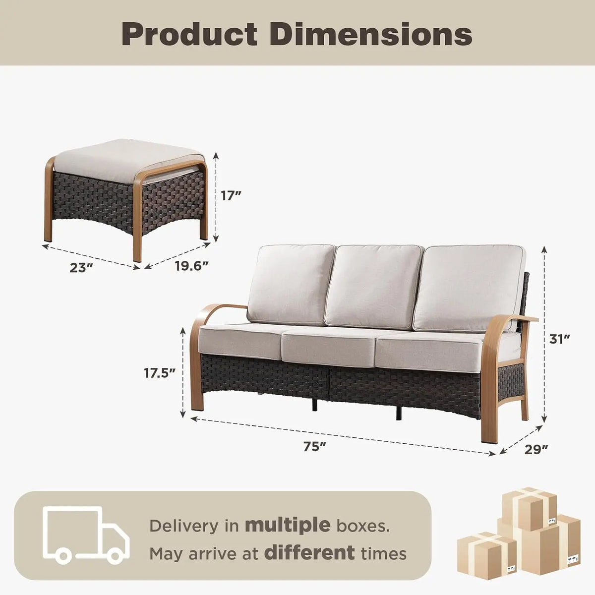 Wicker Patio Sofa Set with 6-Inch Cushions & Ottoman, All Weather 3 Seater Outdoor Furniture for Deck, Wood & Beige, Customized