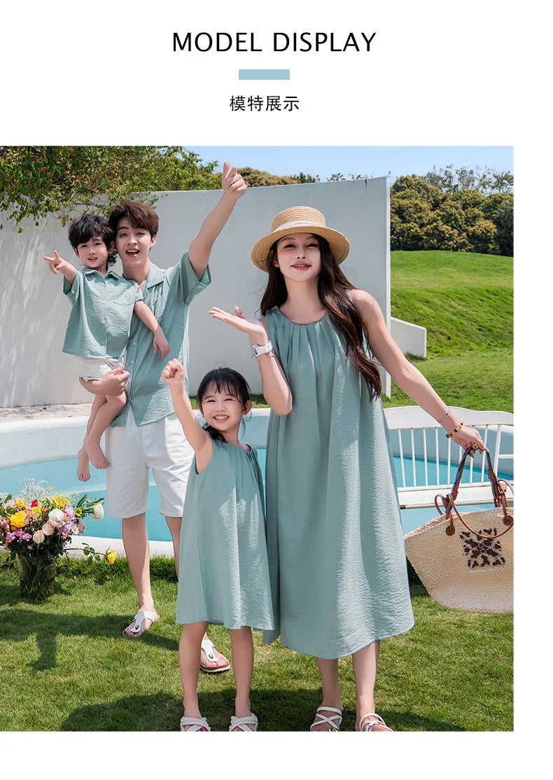Vacation Family Matching Couple Outfit Dad Son Beach Shirts Mom Daughter Loose Dress Korean Parent-child Sister Brother Clothes