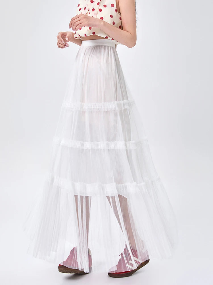 Women's Skirt Spring Summer Tiered Tulle High Waist Ruffle Hem A-Line Pleated Maxi Layered Mesh Cake Skirt Female Faldas SK120