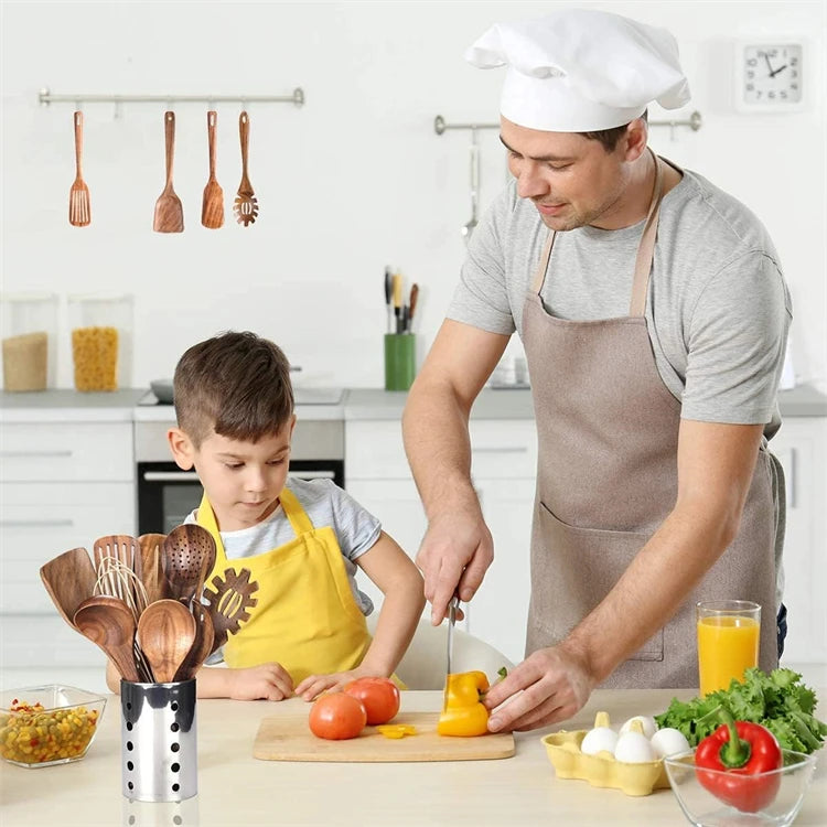 LMETJMA 10 Unidades de Utensilios de Cocina de Madera de Teca Natural, Juego de Cucharas y Espátulas de Madera para Cocinar y Hornear JT503