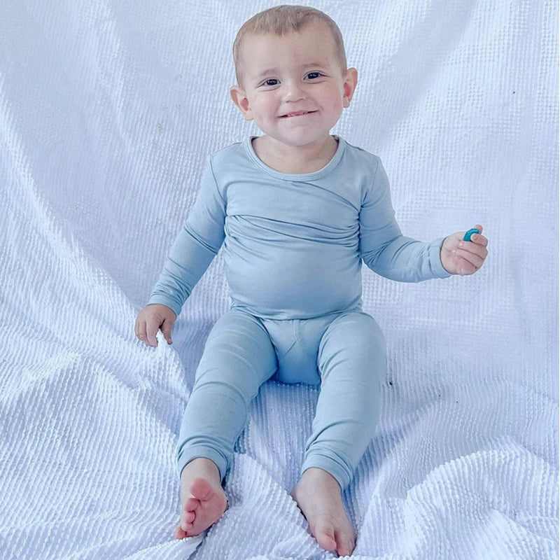 2026 Bamboo Fiber Toddler Kids Pajamas Clothes Solid Hight Elasticity Breathable Sleepwear Set For 9M-7T Boy Girl Loungewear