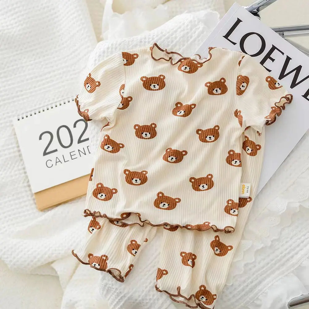 Summer Fashion New Short Sleeve Round Neck Flower Printed T-shirt Top+Pants 2 Piece Set Kids Casual Home Clothes