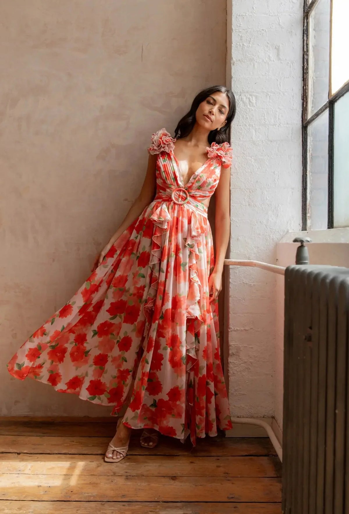 Floral Dress Women Spring Summer Deep V Neck Ruffle Hem Hollow Out Backless Maxi Dresses Bohemian Beach Sundress Outfit