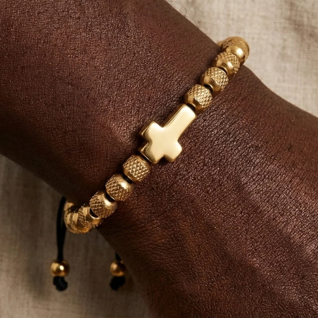 Charm Bracelet Cross Stainless Steel Beaded Bracelets Handmade Men Women'S Prayer Fitness Chain Couple Jewelry