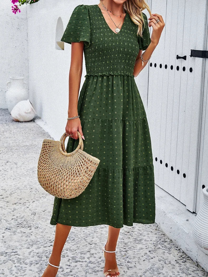 Summer Women's Casual Polka Dot Long Dress Vacation Boho Short Sleeve Solid V-neck Beach Sundress Elastic Waist Midi Dresses