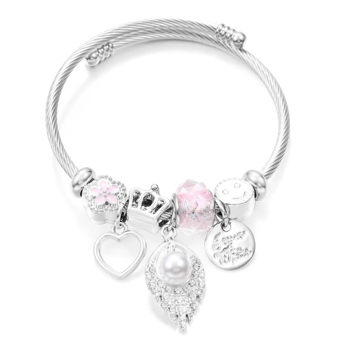 New Trendy Rhinestones Dragonfly Crystal Beaded Pendant Bracelet Stainless Steel 4 Colors Closure Bangles Women'S Bracelet Jewelry