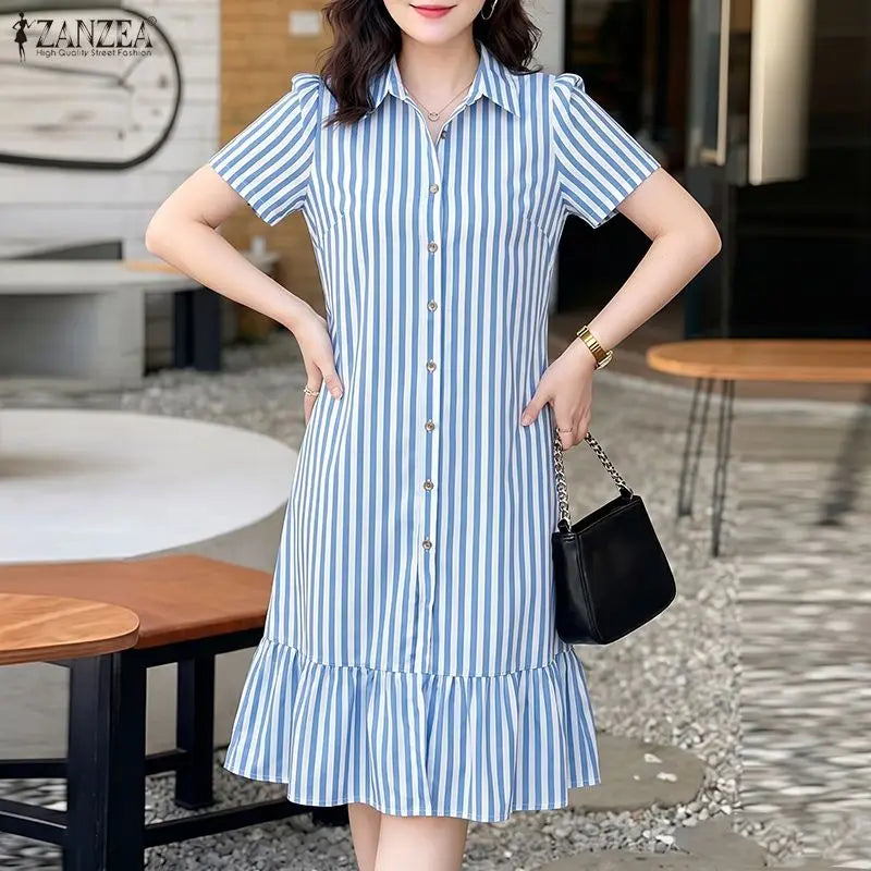 2026 Summer Striped Dress ZANZEA Women Elegant Work Dresses Short Sleeve Buttons Down Sundress Casual Holiday Knee Length Robe