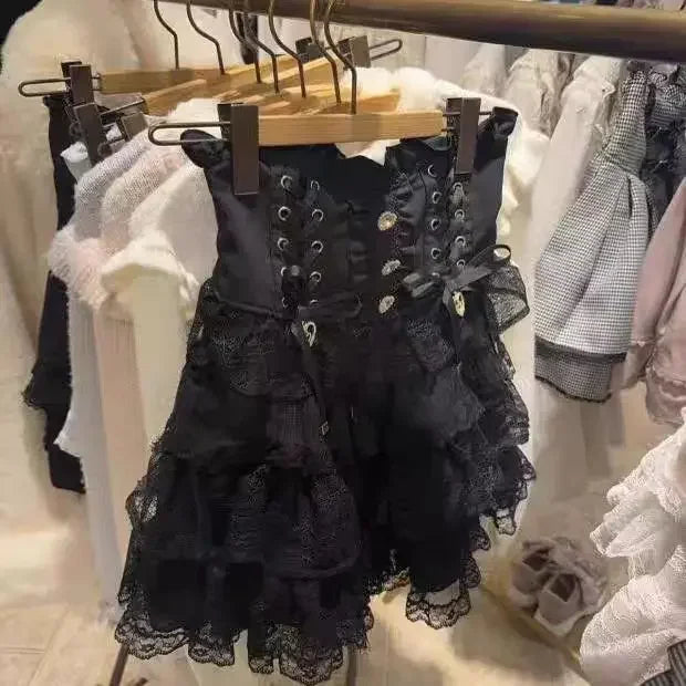 Japanese Lolita Y2k Lace Layered Skirt Women Anime High Waist Maid Style Chic Ruffle Cake Skirt Kawaii Harajuku Sweet Mini Skirt
