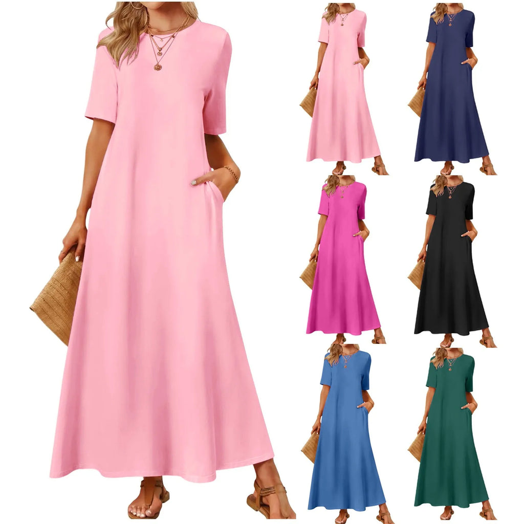 Women's Elegant Slim Fit Maxi Dresses Solid Short Sleeve O Neck With Pockets Ankle Length Dresses Casual Beach Holiday Dresses