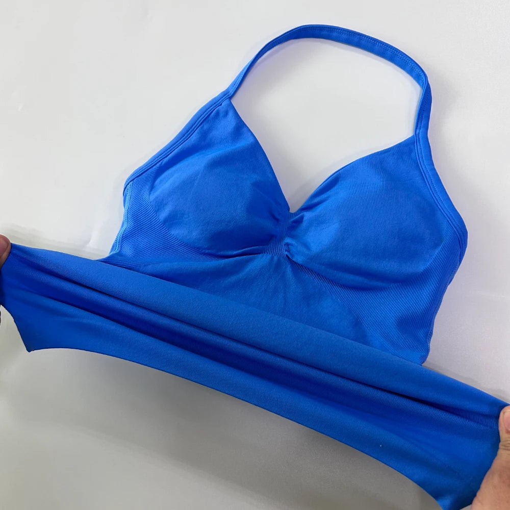 No Logo Longline Strappy Top Women Seamless Yoga Tank Tops Buit-in Bra Ruched Backless Gym Clothes Sleeveless Shirt Workout Top