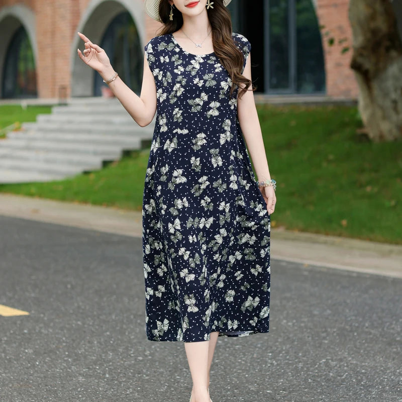 New Fashion Vintage Floral Print  Sleeveless Casual Party Femme Summer Dresses For Women 2025 O-neck Straight Women Clothing