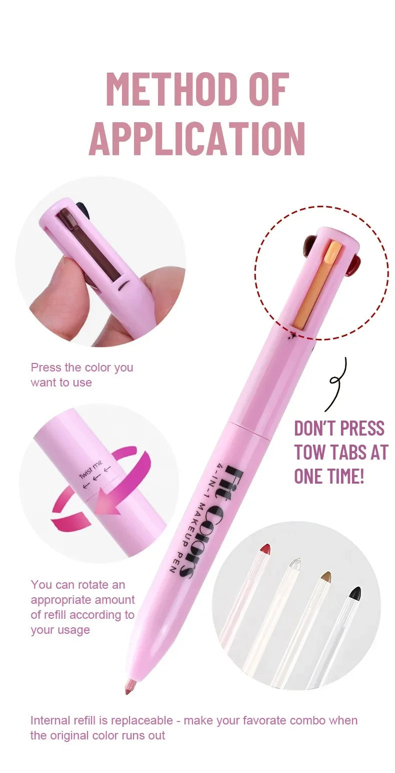 4-in-1 Makeup Pen Eyebrow Pencil, Eyeliner, Lip Liner, Highlighter Eyeshadow Pen Multi-functional 4-color Set Counter Makeup Pen