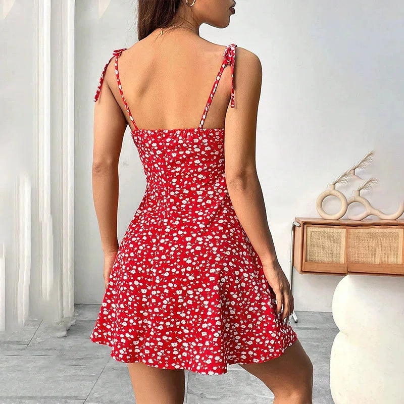 Women's Summer Floral Spaghetti Strap Beach Short Dress Sweet A-Line Mini Dress   Loose   Slimming Casual Skirt