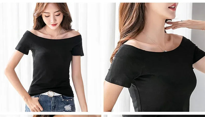 MRMT 2026 Brand New Women's T Shirt Cotton Slim Fit Short Sleeve T-Shirt For Female Off Shoulder Tops One Line Neck Tshirt