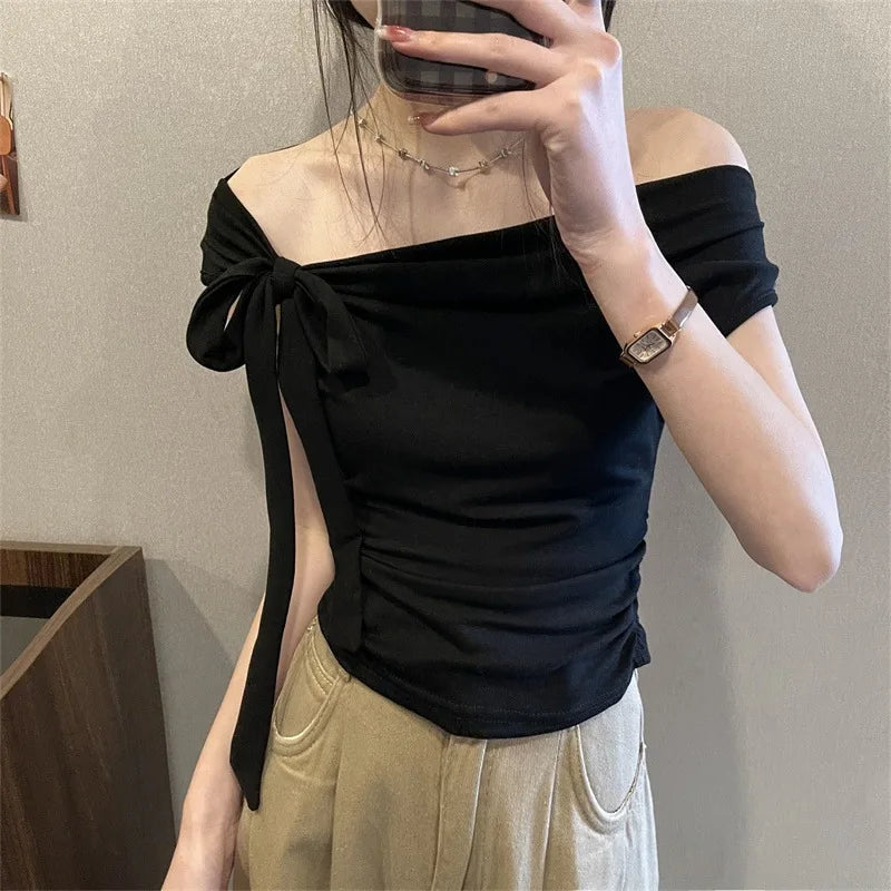 Sexy Spice Girl Shoulder Short Tshirt Women's Strap Slit Cleanfit Style Ladies' T-shirt Linen Fabric A-line Sleeve Other Mate...