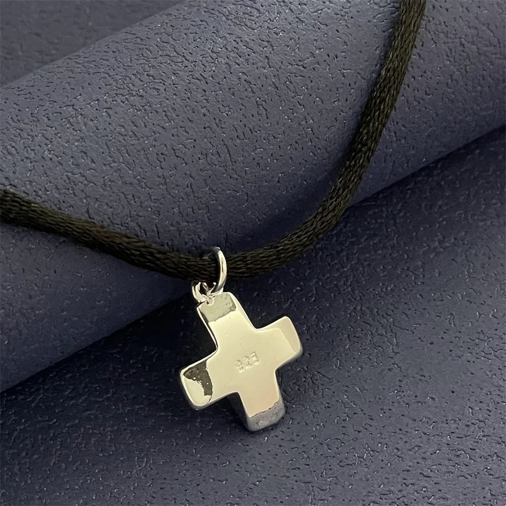 Exquisite 925 Silver Jewelry, Short Cross Pendant With Black Rope, Suitable For Daily Wear Or Giving