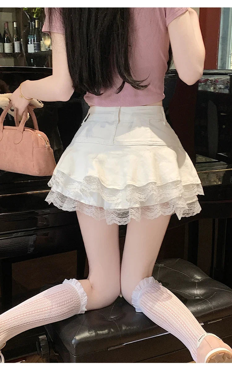 Summer Denim Skirt Women Fashion Streetwear Ruffles Kawaii Lace Skirts Shorts Preppy Mini Y2K School Pleated Jeans Skirt 2026