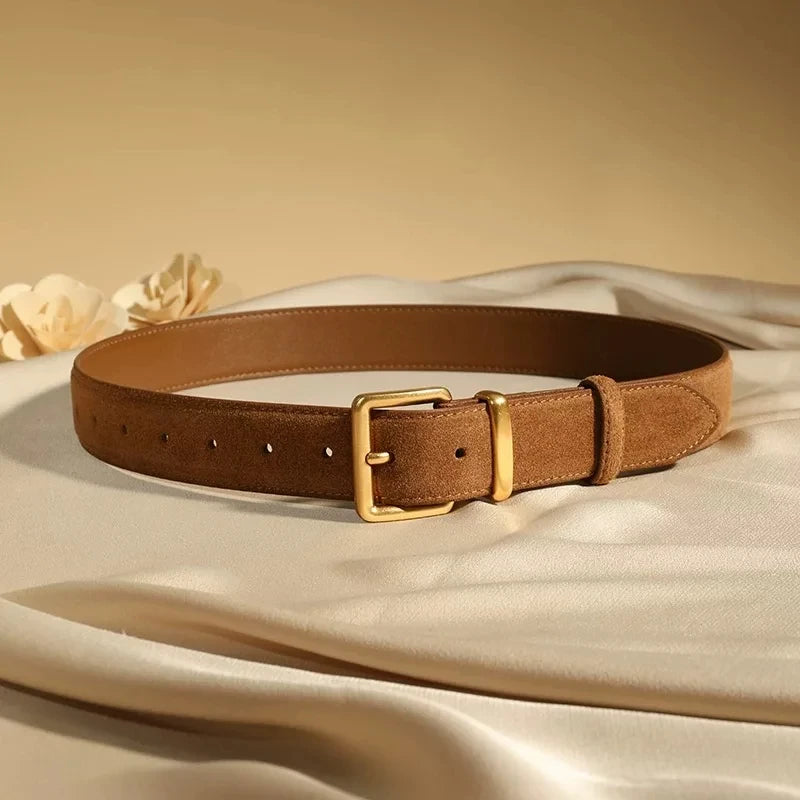 Luxury Suede Cowhide Leather Belt for Women, Vintage Style with Gold Buckle, 3.5cm Wide Waistband for Dresses & Jeans