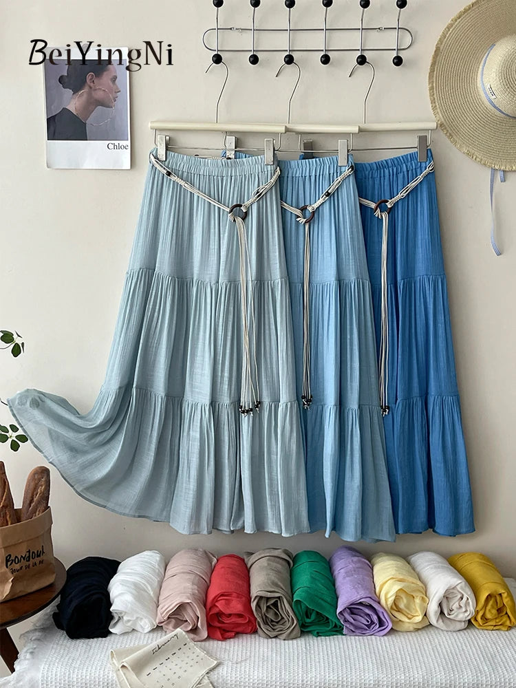 Beiyingni 2025 Summer French Women's Linen Cotton Maxi Skirts Casual Vintage Sashes Korean Long Cake Skirt Female Boho Vacation