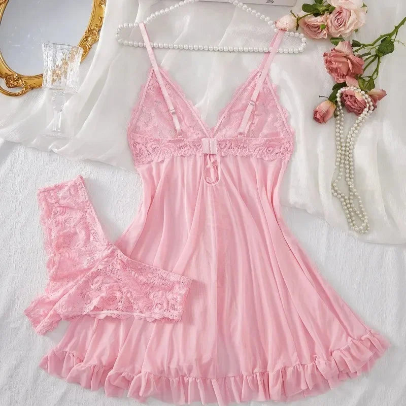 Sexy Lingerie Set Women'S Erotic Bra Nightdress Sexy Lace Sleepwear Solid Slim Soft Dresses V Neck Full Slip Sleepwear & Dresses