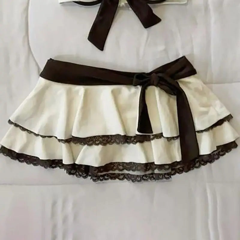 Summer New Pure Desire Sweet Wind Hanging Neck Strap Top Lace Splicing Half Skirt Set Bikini Swimsuit
