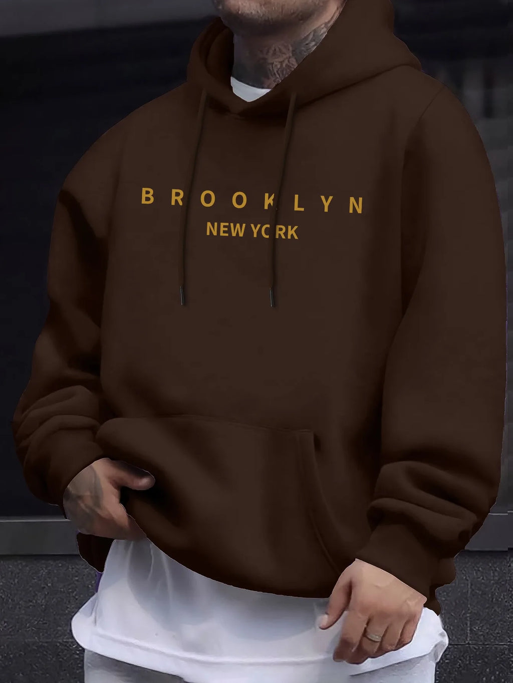 Men's autumn and winter casual fashionable loose brooklyn letter print long sleeved hooded warm sports pullover