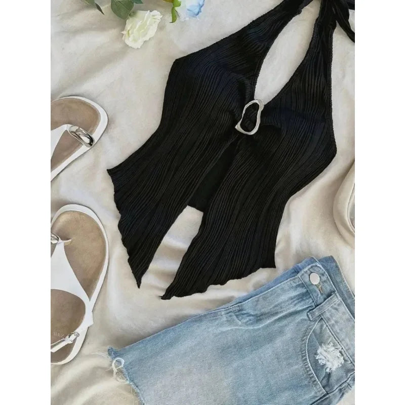 Summer for Women Sleeveless Top Clothes Solid Split Backless Women Sexy V-neck Halter Neck Crop Top