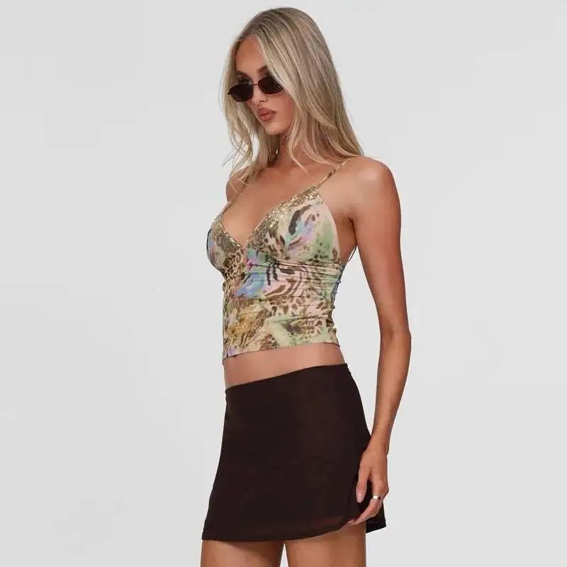 Avrilyaan Sequin Patchwork Deep V Printed Crop Top Women Slim Summer Street Party Top