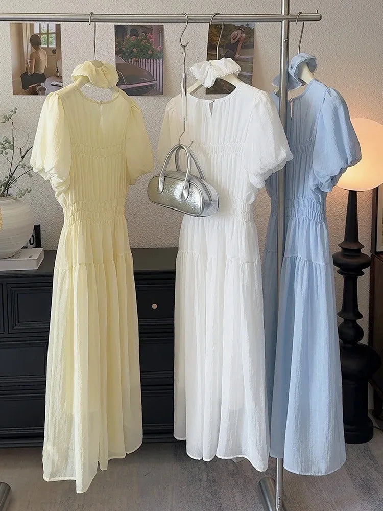 Temperament Dress 2025 Summer Korean Edition Reduced Age Bubble Sleeve Hundred Fold Waist Long Dress