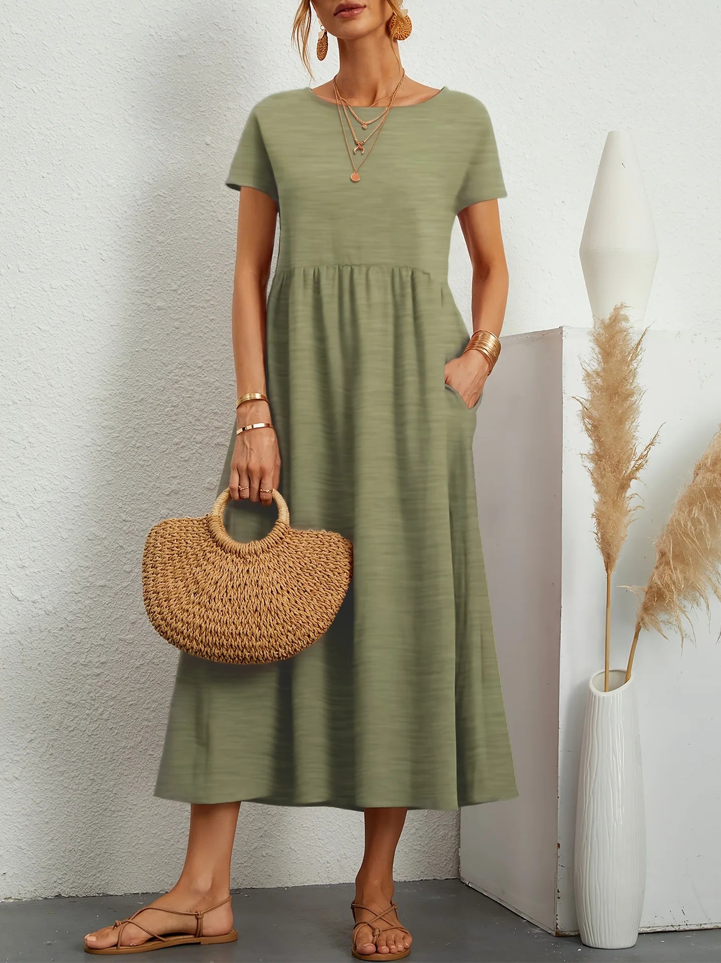 Casual Long Ice Silk round Neck Short Sleeve Dress Pure Color A-Line Skirt Comfortable Elastic Waist Elegant Commute Style