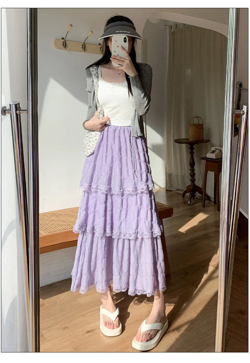 Sweet Lace Ruffles Long Skirt Women Summer Cute Puff Cake A Line Skirt Woman Korean Style High Waist White Chiffon Tulle Skirt