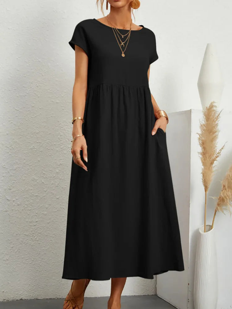 Premium Elegant Solid Cotton Linen Dress Summer Midi with Pockets Loose Fit Casual Crew Neck Short Sleeve for Beach Travel